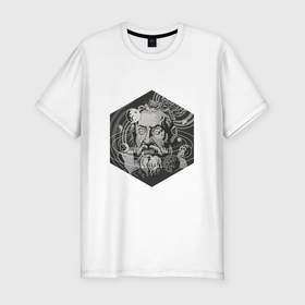 Мужская футболка хлопок Slim с принтом Галилео Галилей в Екатеринбурге, 92% хлопок, 8% лайкра | приталенный силуэт, круглый вырез ворота, длина до линии бедра, короткий рукав | арт | астрономия | галилео | галилео галилей | планета | планеты | рисунок | солнечная система | учёный | чёрно белый | черно белый рисунок