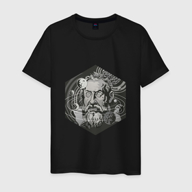 Мужская футболка хлопок с принтом Галилео Галилей в Екатеринбурге, 100% хлопок | прямой крой, круглый вырез горловины, длина до линии бедер, слегка спущенное плечо. | арт | астрономия | галилео | галилео галилей | планета | планеты | рисунок | солнечная система | учёный | чёрно белый | черно белый рисунок