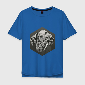 Мужская футболка хлопок Oversize с принтом Чарльз Дарвин в Новосибирске, 100% хлопок | свободный крой, круглый ворот, “спинка” длиннее передней части | арт | дарвин | рисунок | учёный | чарльз дарвин | череп | черепа | чёрно белый | черно белый рисунок | эволюция