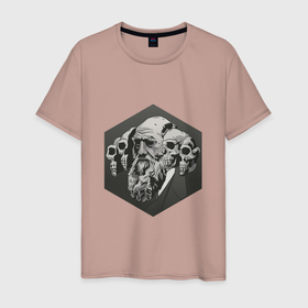 Мужская футболка хлопок с принтом Чарльз Дарвин в Санкт-Петербурге, 100% хлопок | прямой крой, круглый вырез горловины, длина до линии бедер, слегка спущенное плечо. | арт | дарвин | рисунок | учёный | чарльз дарвин | череп | черепа | чёрно белый | черно белый рисунок | эволюция