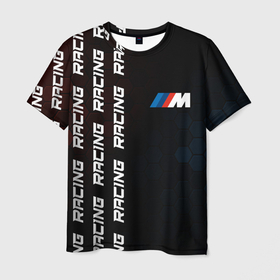 Мужская футболка 3D с принтом BMW - Racing (Pattern on left) в Петрозаводске, 100% полиэфир | прямой крой, круглый вырез горловины, длина до линии бедер | auto | b m w | bmv | bmw | logo | m power | moto | performance | power | pro | racing | series | sport | авто | б м в | бмв | лого | логотип | марка | мото | паттерн | перфоманс | символ | спорт