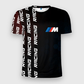 Мужская футболка 3D спортивная с принтом BMW - Racing (Pattern on left) в Тюмени, 100% полиэстер с улучшенными характеристиками | приталенный силуэт, круглая горловина, широкие плечи, сужается к линии бедра | auto | b m w | bmv | bmw | logo | m power | moto | performance | power | pro | racing | series | sport | авто | б м в | бмв | лого | логотип | марка | мото | паттерн | перфоманс | символ | спорт