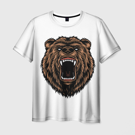 Мужская футболка 3D с принтом Свирепый медведь в Тюмени, 100% полиэфир | прямой крой, круглый вырез горловины, длина до линии бедер | гриззли | животные | звери | медведь