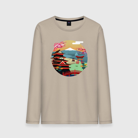 Мужской лонгслив хлопок с принтом японский закат в Курске, 100% хлопок |  | Тематика изображения на принте: вектор | горы | закат | пейзаж | сакура