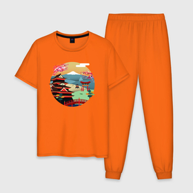 Мужская пижама хлопок с принтом японский закат в Курске, 100% хлопок | брюки и футболка прямого кроя, без карманов, на брюках мягкая резинка на поясе и по низу штанин
 | Тематика изображения на принте: вектор | горы | закат | пейзаж | сакура