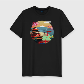 Мужская футболка хлопок Slim с принтом японский закат в Белгороде, 92% хлопок, 8% лайкра | приталенный силуэт, круглый вырез ворота, длина до линии бедра, короткий рукав | вектор | горы | закат | пейзаж | сакура