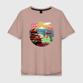 Мужская футболка хлопок Oversize с принтом японский закат в Курске, 100% хлопок | свободный крой, круглый ворот, “спинка” длиннее передней части | Тематика изображения на принте: вектор | горы | закат | пейзаж | сакура