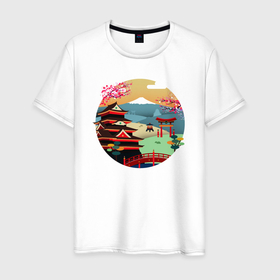 Мужская футболка хлопок с принтом японский закат в Курске, 100% хлопок | прямой крой, круглый вырез горловины, длина до линии бедер, слегка спущенное плечо. | Тематика изображения на принте: вектор | горы | закат | пейзаж | сакура
