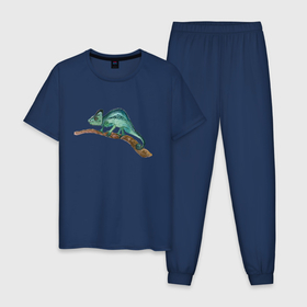 Мужская пижама хлопок с принтом Зеленый хамелеон на ветке в Петрозаводске, 100% хлопок | брюки и футболка прямого кроя, без карманов, на брюках мягкая резинка на поясе и по низу штанин
 | chameleon | green | lizard | reptile | torqoise | акварель | акварельный | бирюзовый | ветка | зеленый | иллюстрация | на ветке | скетч | хамелеон | ящерица
