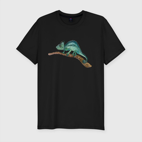 Мужская футболка хлопок Slim с принтом Зеленый хамелеон на ветке в Новосибирске, 92% хлопок, 8% лайкра | приталенный силуэт, круглый вырез ворота, длина до линии бедра, короткий рукав | chameleon | green | lizard | reptile | torqoise | акварель | акварельный | бирюзовый | ветка | зеленый | иллюстрация | на ветке | скетч | хамелеон | ящерица