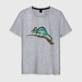 Мужская футболка хлопок с принтом Зеленый хамелеон на ветке в Курске, 100% хлопок | прямой крой, круглый вырез горловины, длина до линии бедер, слегка спущенное плечо. | chameleon | green | lizard | reptile | torqoise | акварель | акварельный | бирюзовый | ветка | зеленый | иллюстрация | на ветке | скетч | хамелеон | ящерица