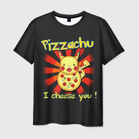 Мужская футболка 3D с принтом Пиццачу в Белгороде, 100% полиэфир | прямой крой, круглый вырез горловины, длина до линии бедер | Тематика изображения на принте: anime | pikachu | pizza | pokemon | poket monster | poketmon | аниме | анимэ | карманные монстры | пикачу | пицца | покемон