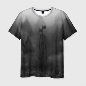 Мужская футболка 3D с принтом СИРЕНОГОЛОВЫЙ  ТУМАННЫЙ ЛЕС , 100% полиэфир | прямой крой, круглый вырез горловины, длина до линии бедер | siren head | гуманоид | игра | лес | монстр | сиреноголовый | существо | туман | хоррор