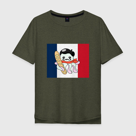 Мужская футболка хлопок Oversize с принтом Осьминог француз в Тюмени, 100% хлопок | свободный крой, круглый ворот, “спинка” длиннее передней части | багет | берет | еда | животные | забавно | мило | море | олицетворение | осьминог | париж | патриотизм | пляж | усы | флаг | франция | хлеб | хуманизация | щупальца