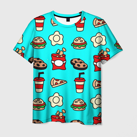 Мужская футболка 3D с принтом Вкусняхи из Макдака! в Тюмени, 100% полиэфир | прямой крой, круглый вырез горловины, длина до линии бедер | бургер | вкусняхи | еда | кола | мак | напиток | печеньки | пицца | яйцо.