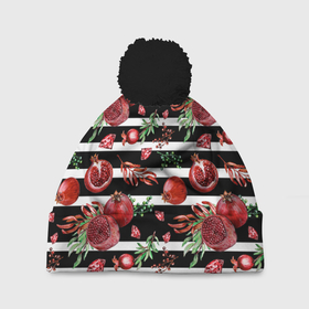 Шапка 3D c помпоном с принтом Гранаты и рубины на фоне полос в Петрозаводске, 100% полиэстер | универсальный размер, печать по всей поверхности изделия | Тематика изображения на принте: бриллианты | гранаты | драгоценности | листья | полоски | полосы | рубины | фрукты | ягоды