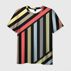 Мужская футболка 3D с принтом Абстрактный полосатый  узор  в Петрозаводске, 100% полиэфир | прямой крой, круглый вырез горловины, длина до линии бедер | абстрактный | геометрический | желтый | молодежный | оливковый | разноцветный | ретро | современный | черный