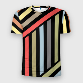 Мужская футболка 3D спортивная с принтом Абстрактный полосатый  узор  в Тюмени, 100% полиэстер с улучшенными характеристиками | приталенный силуэт, круглая горловина, широкие плечи, сужается к линии бедра | абстрактный | геометрический | желтый | молодежный | оливковый | разноцветный | ретро | современный | черный