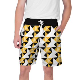 Мужские шорты 3D с принтом Черно-желтый геометрический  ,  полиэстер 100% | прямой крой, два кармана без застежек по бокам. Мягкая трикотажная резинка на поясе, внутри которой широкие завязки. Длина чуть выше колен | Тематика изображения на принте: абстрактный | геометрический | желтый | молодежный | мужской | разноцветный | современный | черный
