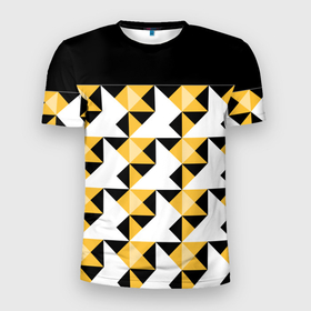 Мужская футболка 3D спортивная с принтом Черно-желтый геометрический  в Тюмени, 100% полиэстер с улучшенными характеристиками | приталенный силуэт, круглая горловина, широкие плечи, сужается к линии бедра | абстрактный | геометрический | желтый | молодежный | мужской | разноцветный | современный | черный