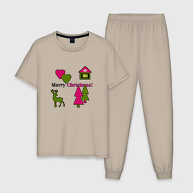 Мужская пижама хлопок с принтом С рождеством! , 100% хлопок | брюки и футболка прямого кроя, без карманов, на брюках мягкая резинка на поясе и по низу штанин
 | детский | домик | елки | модный | олень | пиксельный узор | рождество | сердце