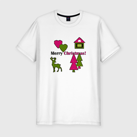 Мужская футболка хлопок Slim с принтом С рождеством! в Новосибирске, 92% хлопок, 8% лайкра | приталенный силуэт, круглый вырез ворота, длина до линии бедра, короткий рукав | Тематика изображения на принте: детский | домик | елки | модный | олень | пиксельный узор | рождество | сердце