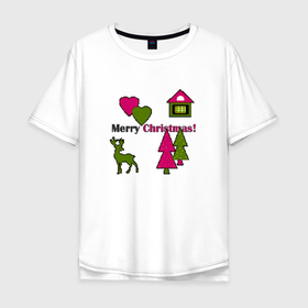 Мужская футболка хлопок Oversize с принтом С рождеством! в Новосибирске, 100% хлопок | свободный крой, круглый ворот, “спинка” длиннее передней части | Тематика изображения на принте: детский | домик | елки | модный | олень | пиксельный узор | рождество | сердце