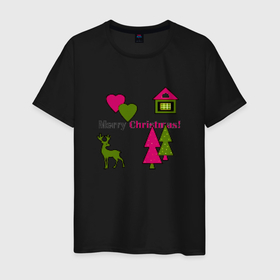Мужская футболка хлопок с принтом С рождеством! , 100% хлопок | прямой крой, круглый вырез горловины, длина до линии бедер, слегка спущенное плечо. | детский | домик | елки | модный | олень | пиксельный узор | рождество | сердце