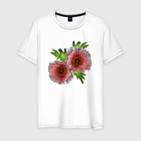 Мужская футболка хлопок с принтом Пиксельный узор Маки в Новосибирске, 100% хлопок | прямой крой, круглый вырез горловины, длина до линии бедер, слегка спущенное плечо. | букет | девушкам | детский | женский | маки | модный | цветочный узор | цветы
