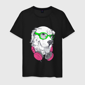 Мужская футболка хлопок с принтом Крутая Собака в Наушниках! в Санкт-Петербурге, 100% хлопок | прямой крой, круглый вырез горловины, длина до линии бедер, слегка спущенное плечо. | арт | наушники | очки | пёс | пухнастик | собака | шерстяной.