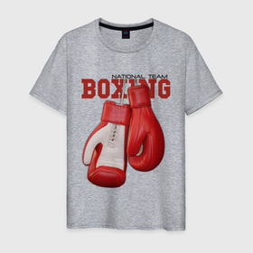 Мужская футболка хлопок с принтом BOXING в Тюмени, 100% хлопок | прямой крой, круглый вырез горловины, длина до линии бедер, слегка спущенное плечо. | box | boxing | fighter | figt | mma | national | sport | team | боец | бои | бокс | боксер | единоборства | перчатки | сборная | спорт