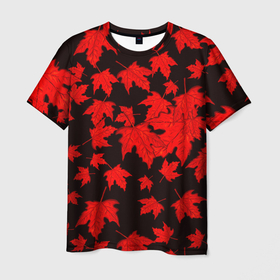 Мужская футболка 3D с принтом осенние листья , 100% полиэфир | прямой крой, круглый вырез горловины, длина до линии бедер | клён | кленовые | красный | красный на черном | листва | листопад | листья | листья падают | осенние | осень | черный