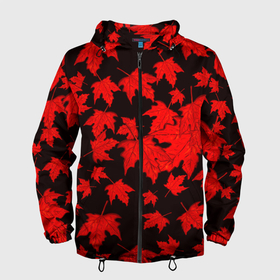 Мужская ветровка 3D с принтом осенние листья в Петрозаводске, 100% полиэстер | подол и капюшон оформлены резинкой с фиксаторами, два кармана без застежек по бокам, один потайной карман на груди | клён | кленовые | красный | красный на черном | листва | листопад | листья | листья падают | осенние | осень | черный