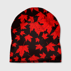 Шапка 3D с принтом осенние листья в Кировске, 100% полиэстер | универсальный размер, печать по всей поверхности изделия | клён | кленовые | красный | красный на черном | листва | листопад | листья | листья падают | осенние | осень | черный