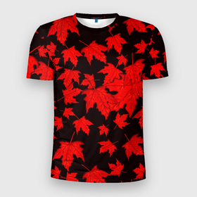 Мужская футболка 3D спортивная с принтом осенние листья в Белгороде, 100% полиэстер с улучшенными характеристиками | приталенный силуэт, круглая горловина, широкие плечи, сужается к линии бедра | клён | кленовые | красный | красный на черном | листва | листопад | листья | листья падают | осенние | осень | черный