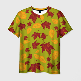 Мужская футболка 3D с принтом осенние листья клён и дуб , 100% полиэфир | прямой крой, круглый вырез горловины, длина до линии бедер | дуб | клён | кленовые | красный | красный на черном | листва | листопад | листья | листья падают | осенние | осень | черный