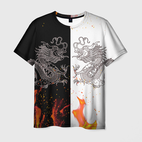 Мужская футболка 3D с принтом Драконы Черный и Белый | Огонь в Белгороде, 100% полиэфир | прямой крой, круглый вырез горловины, длина до линии бедер | beast | dragon | fire | дракон | животные | зверь | змей | когти | огонь | пламя | узор | чб | японский