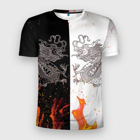 Мужская футболка 3D спортивная с принтом Драконы Черный и Белый | Огонь в Курске, 100% полиэстер с улучшенными характеристиками | приталенный силуэт, круглая горловина, широкие плечи, сужается к линии бедра | beast | dragon | fire | дракон | животные | зверь | змей | когти | огонь | пламя | узор | чб | японский