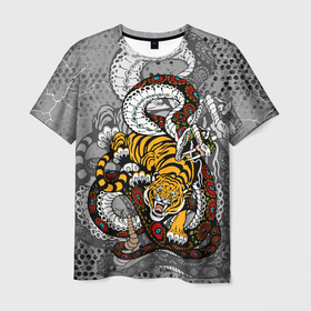 Мужская футболка 3D с принтом Змея и Тигр|Tiger Snake Fight  в Курске, 100% полиэфир | прямой крой, круглый вырез горловины, длина до линии бедер | Тематика изображения на принте: beast | борьба | животные | зверь | змея | когти | кошки | огонь | тигр | узор | чб | японский