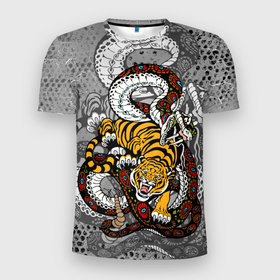 Мужская футболка 3D спортивная с принтом Змея и Тигр|Tiger Snake Fight  в Петрозаводске, 100% полиэстер с улучшенными характеристиками | приталенный силуэт, круглая горловина, широкие плечи, сужается к линии бедра | beast | борьба | животные | зверь | змея | когти | кошки | огонь | тигр | узор | чб | японский