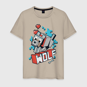 Мужская футболка хлопок с принтом Майнкрафт Волк, Minecraft Wolf в Курске, 100% хлопок | прямой крой, круглый вырез горловины, длина до линии бедер, слегка спущенное плечо. | 2d | hp | minecraft | wolf | волк | выживай | исследуй | кость | майнкрафт | пиксели | сердечки | сердце | создавай | хп