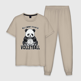 Мужская пижама хлопок с принтом Volleyball Panda в Кировске, 100% хлопок | брюки и футболка прямого кроя, без карманов, на брюках мягкая резинка на поясе и по низу штанин
 | ball | beach | game | panda | sport | volley | volleyball | волейбол | волейболист | волейболистка | гол | животные | игра | игрок | медведь | мяч | панда | площадка | пляж | пляжный | победа | сетка | спорт | тренер | чемпион