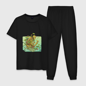 Мужская пижама хлопок с принтом Озёрный робот в Курске, 100% хлопок | брюки и футболка прямого кроя, без карманов, на брюках мягкая резинка на поясе и по низу штанин
 | арт | киборг | кувшинка | кувшинки | озеро | планета | природа | птица | рисунок | робот | цветок | цветы
