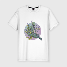 Мужская футболка хлопок Slim с принтом Хранитель цветов в Петрозаводске, 92% хлопок, 8% лайкра | приталенный силуэт, круглый вырез ворота, длина до линии бедра, короткий рукав | арт | киборг | колокольчик | колокольчики | планета | природа | рисунок | робот | цветок | цветы