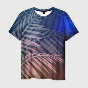 Мужская футболка 3D с принтом Тропическая ночь в Тюмени, 100% полиэфир | прямой крой, круглый вырез горловины, длина до линии бедер | вечер | коричневый | коричневый и синий | листья | луна | ночь | отдых | пальмы | природа | путешествие | синий