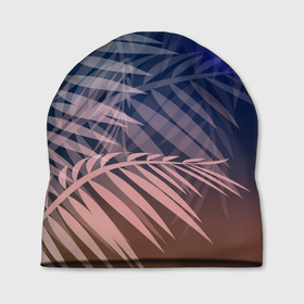 Шапка 3D с принтом Тропическая ночь в Курске, 100% полиэстер | универсальный размер, печать по всей поверхности изделия | вечер | коричневый | коричневый и синий | листья | луна | ночь | отдых | пальмы | природа | путешествие | синий