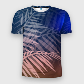 Мужская футболка 3D спортивная с принтом Тропическая ночь в Курске, 100% полиэстер с улучшенными характеристиками | приталенный силуэт, круглая горловина, широкие плечи, сужается к линии бедра | вечер | коричневый | коричневый и синий | листья | луна | ночь | отдых | пальмы | природа | путешествие | синий