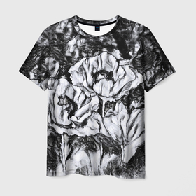 Мужская футболка 3D с принтом Черно-белый узор. Маки. в Санкт-Петербурге, 100% полиэфир | прямой крой, круглый вырез горловины, длина до линии бедер | абстрактные цветы | маки | модный | рисунок | современный | цветочный фон | цветы | черно белый