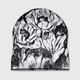 Шапка 3D с принтом Черно-белый узор. Маки. в Белгороде, 100% полиэстер | универсальный размер, печать по всей поверхности изделия | абстрактные цветы | маки | модный | рисунок | современный | цветочный фон | цветы | черно белый