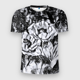 Мужская футболка 3D спортивная с принтом Черно-белый узор. Маки. в Новосибирске, 100% полиэстер с улучшенными характеристиками | приталенный силуэт, круглая горловина, широкие плечи, сужается к линии бедра | абстрактные цветы | маки | модный | рисунок | современный | цветочный фон | цветы | черно белый